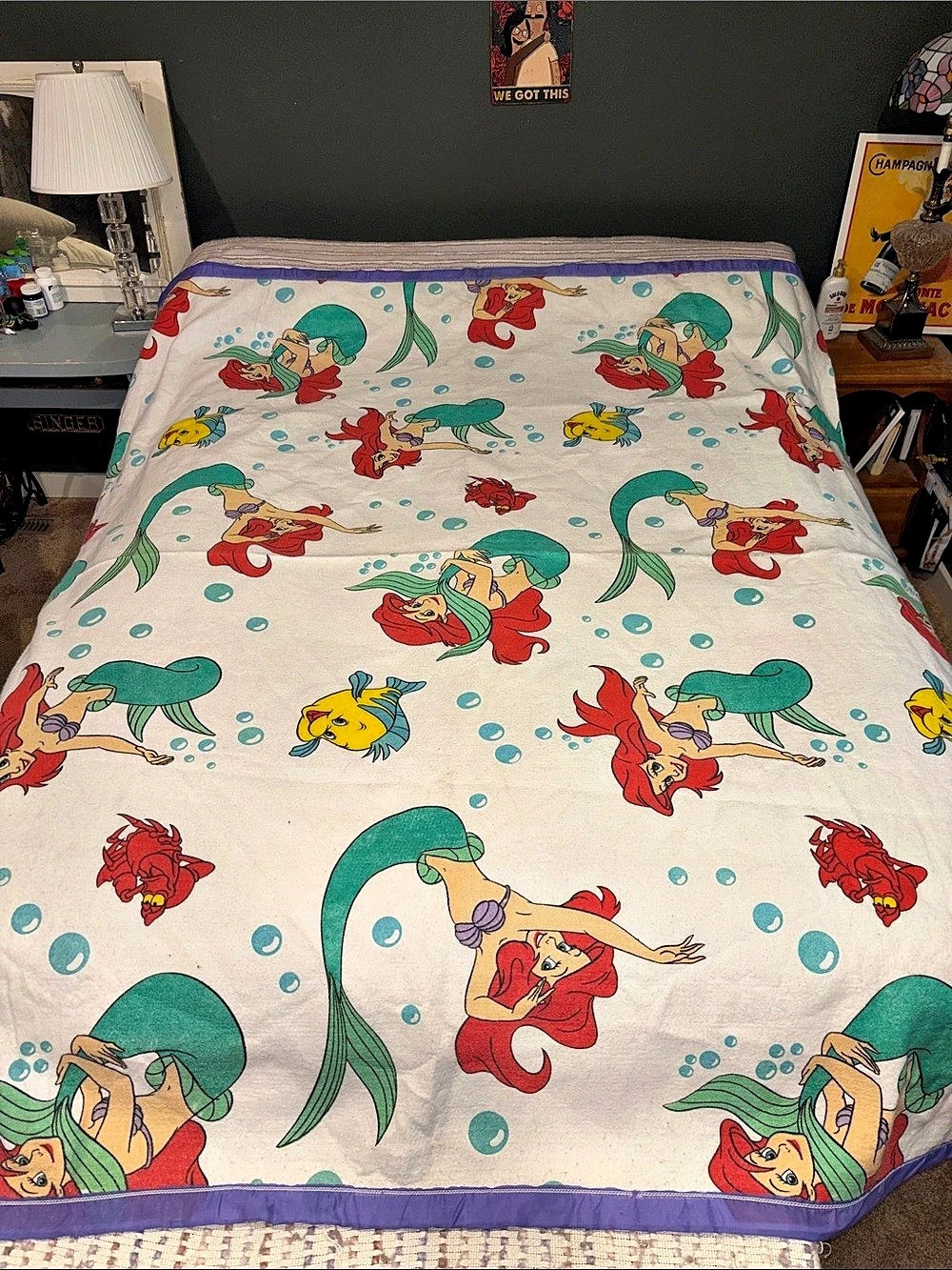 Vintage 90s Disney The Little Mermaid Ariel Double Comforter Blanket Purple Trim